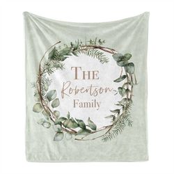 family name customized christmas blanket, perfect seasonal gift for family members, mint eucalyptus pattern trending pat