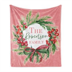 christmas red and white checkered pattern wreath blanket with family name on it, personalized throw for bedroom, xmas gi