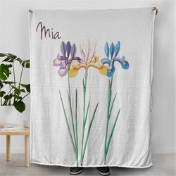 blankets for her, custom name blankets, personalized irises floral decor, cozy blanket for girlfriend, gifts from boyfri