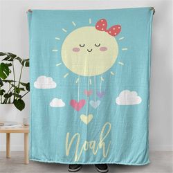 personalized baby boy blanket, boys bedroom decor, baby blue and yellow, sunshine funny image, kids room decorations, be