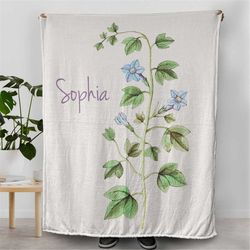 bell flower custom name blanket, customizable blue and green blanket, plushy blanket for women, warm blanket for couch,