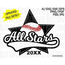 all stars svg, softball svg, baseball svg, vector, emblem, softball team, baseball team, stitching, cutting file, swoosh