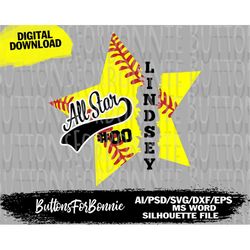 all star svg, softball svg, template, softball shirt svg, cut file, iron on, cricut, name, softball player svg, team svg