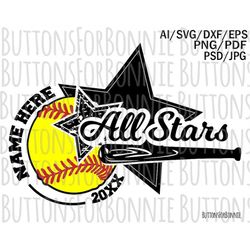 all stars svg, softball svg, softball template, emblem, softball team, baseball team, stitching, cutting file, shirt des