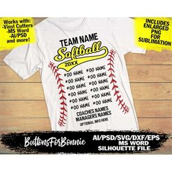 softball svg, template, softball roster, shirt back, team roster, softball shirt svg, cut file, iron on, cricut, name, s