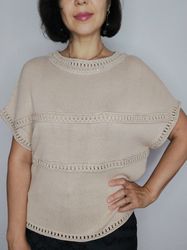 women's jumper oversized, hand knitted top women, women's knitted blouse, women's elegant light beige t-shirt  m l size