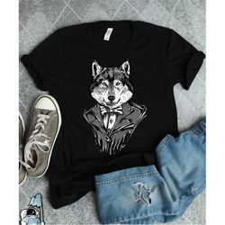 animals in suits, wolf shirt, cute wolf in tuxedo shirt, wolf gifts, animal lover, professional wolf, business wolf art,