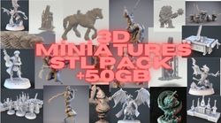 3d miniature stl pack, 50gb files, hundreds of miniature warriors, characters, zombies, anime and buildings