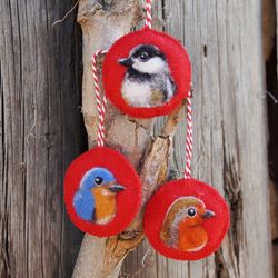 set of three birds felt christmas ornament, robin ornament, bluebird ornament, chickadee ornament