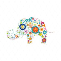 colorful retro flowers elephant svg, flower svg, flowers pattern svg, elephant svg, birthday gift svg, gift for girl svg