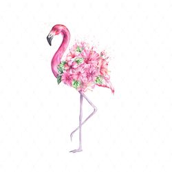 watercolor pink flamingo with tropical flowers svg, flower svg, pink flamingo svg, tropical flowers svg, birthday gift s