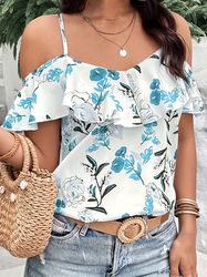 floral print spaghetti blouse cold shoulder ruffle trim tops women's clothing