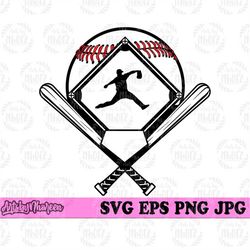 baseball scene field svg, baseman player clipart, pitcher cut file, catcher stencil, baseball bat cutfile, shortstop dxf