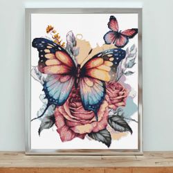 watercolor retro blue butterfly and flowers counted cross stitch pdf pattern, spring flowers, hand embroidery