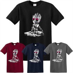 dj baby groot t-shirt music guardians headphones funny disco yoda mixing decks top