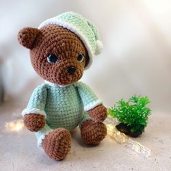 crochet stuffed aninal brown boy. birthday gift. bear in pajamas plush toy. teddy bear . toy bear.sleepy bear.