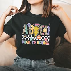 retro abcd pencil lightning shirt, rock'n roll teacher shirt, cool teacher leopard shirt, alphabet shirt, back to school