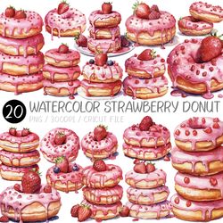 watercolor strawberry donut png | donut, snack, dessert, cute, pink, food, melting chocolate, fruit, dripped syrup