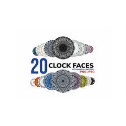 20 clock face, mandala pattern, printable clock faces, a4 format clock faces, different sized clock faces, wall clock, a