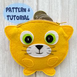 cute cat purse with lining, pattern, tutorial, svg files in 2 sizes