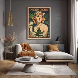vintage marijuana poster, retro bohemian wall art, mary jane print, retro bohemian wall art fine art print cannabis disp