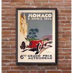 monaco 1934 grand prix vintage poster, race car wall art print, race fan gift, executive office decor , large monaco mot