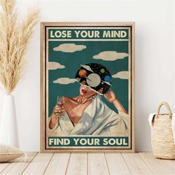 music vintage poster, lose your mind find your soul vintage poster, girl with wine art, gift for music lovers, music wal