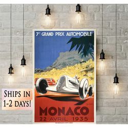 vintage race car poster 1935 monaco grand prix poster, race fan gift, fine art print, formula 1 racing poster print, wal