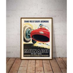 1955 monaco grand prix poster, race fan gift, fine art print, formula 1 racing poster print, wall decor gift for him vin