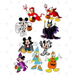 disney halloween bundle svg, disney svg, mickey svg, donald svg, daisy svg, minnie svg, skeleton outfits svg, cute anima