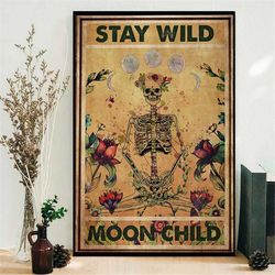 stay wild moon child poster, floral yoga skeleton art, skull vintage poster, yoga lovers poster