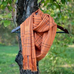 orange merino wool and silk stripe shawl. soft and silky handwoven terracotta scarf for fall and winter