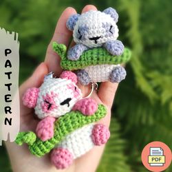 tiny panda on bamboo branch crochet pattern,  amigurumi animal keychain pdf pattern & mini video tutorial (eng)