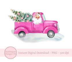pink santa christmas tree truck png, christmas clip art, vintage santa design , holiday sublimation, instant digital dow