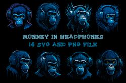 monkey in headphones vector digital file 14 svg,png files sublimation digital vector file
