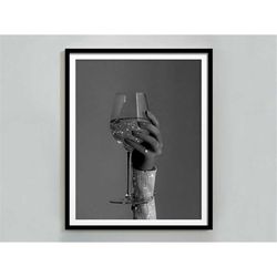 funky wine glass in disco party poster, bar cart print, black and white, alcohol wall art, cocktail prints, home bar dec