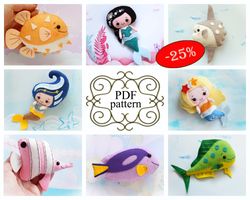 felt fish pattern, mermaid felt pattern, felt sea animal pattern, felt toy patterns, felt pattern pdf, felt doll pattern