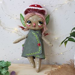 Textile Elf doll , toy with mushroom , singl copy , fantasy doll , handmade art , craft toy , collectible art