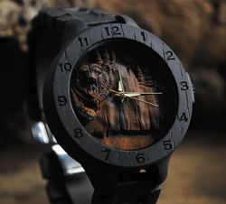 celtic bear engraved wood watch: bog oak wooden timepiece for men, inspired by forest bears