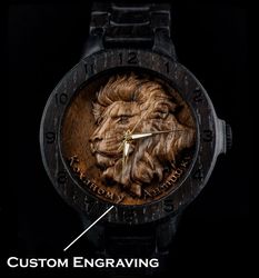 "the majestic lion" - custom engraved walnut burl and bog oak wooden watch, a symbolic and stylish piece of lion jewelry