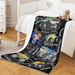 custom blanket for kids,personalized monster trucks blankets gifts,boys truck blanket,customized baby name blanket,birth