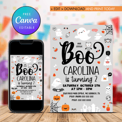 Boo 2nd Birthday Invitation, Little Boo is turning two Birthday Invitation Canva Editable Instant Download