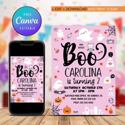 boo 2nd birthday invitation, little boo is turning two birthday invitation canva editable instant download