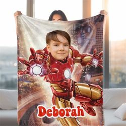 personalized face & name blanket, custom spider man in city blanket, father's day blanket gift, soft warm office blanket