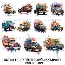 retro truck with flowers clipart