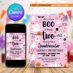 spooktacular 2nd birthday invitation, boo is turning two birthday invitation canva editable instant download