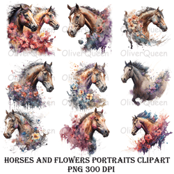 horses and flowers portraits clipart