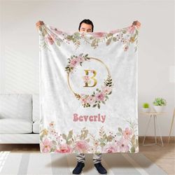 floral monogram blanket, personalized blanket for baby/kids, initial blanket, custom name nursery blanket for newborn, s