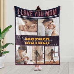 i love you mom picture blanket, i love you to the moon and back blanket, mom birthday gift, mother blanket gift from dau