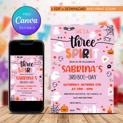 spooktacular 3rd birthday invitation, 3rd boo day party invitation canva editable instant download